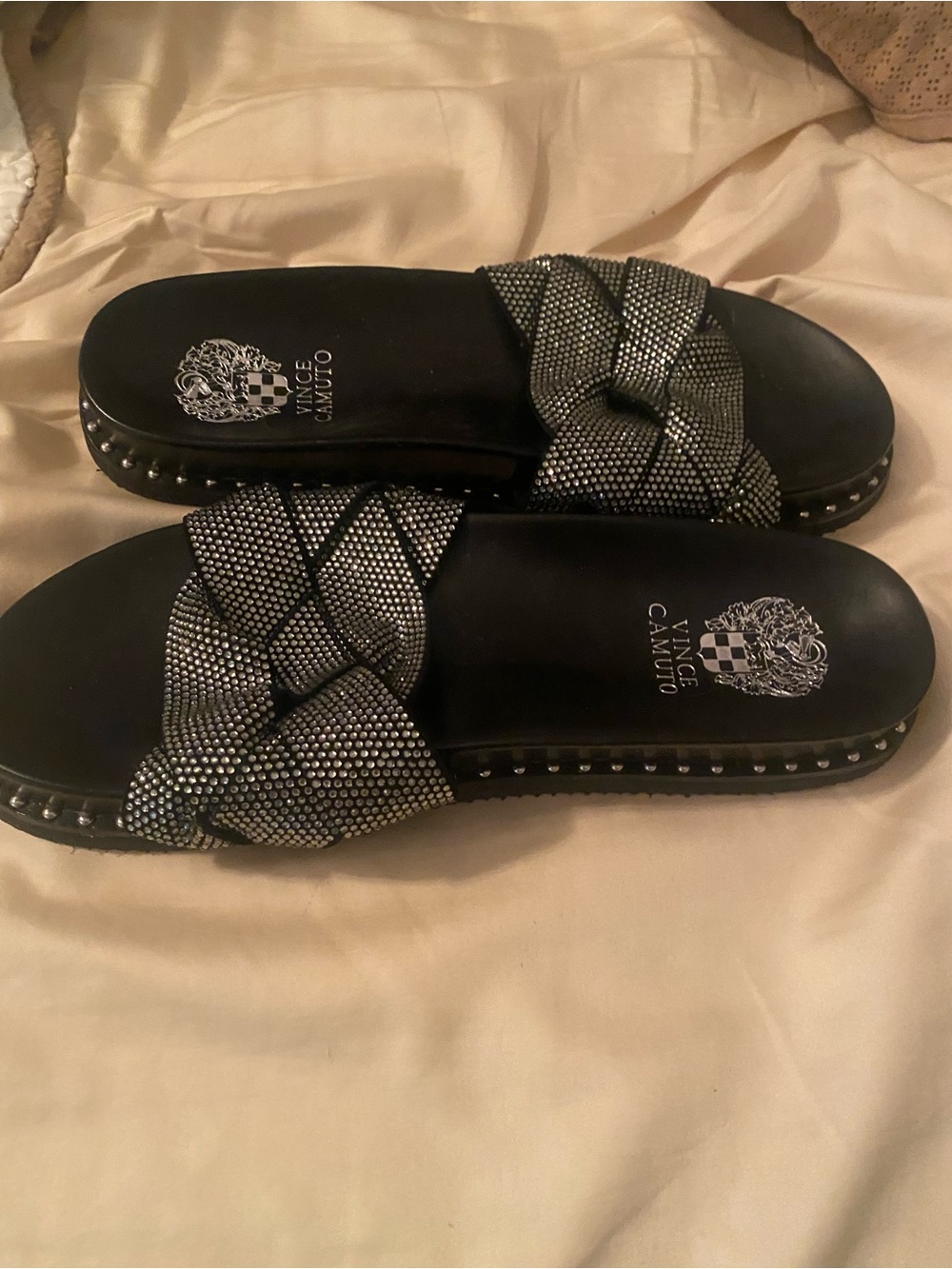 Vince Camuto Black and Silver Crystal Cross-Band Slide Sandals - Picture 3 of 3